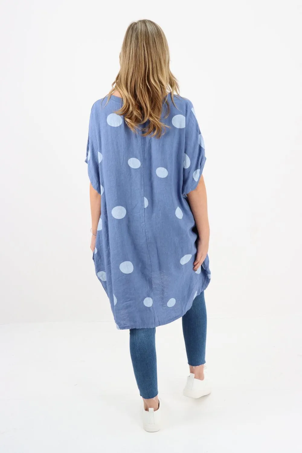 Made In Italy Linen Polka Dot Tunic Top