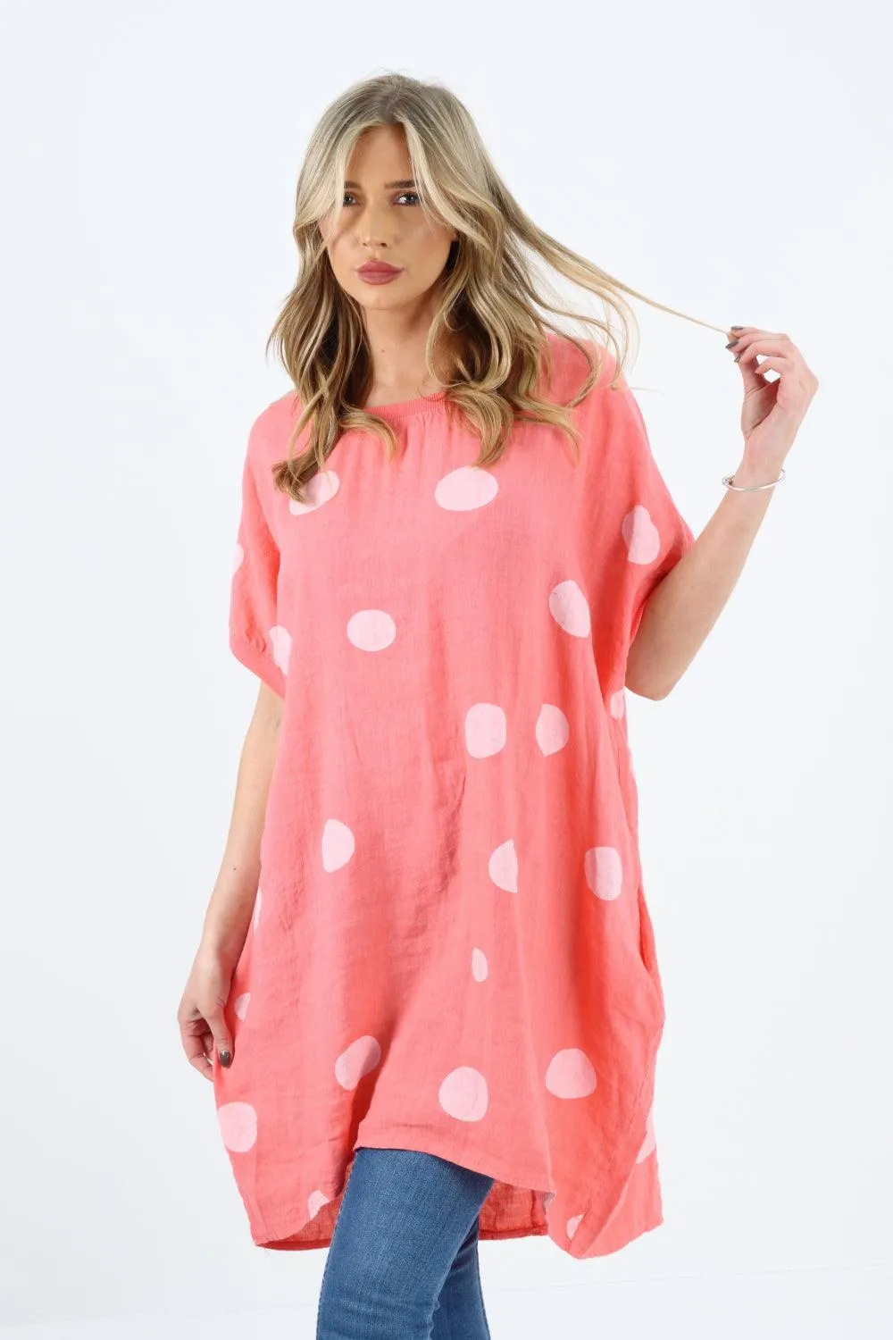 Made In Italy Linen Polka Dot Tunic Top