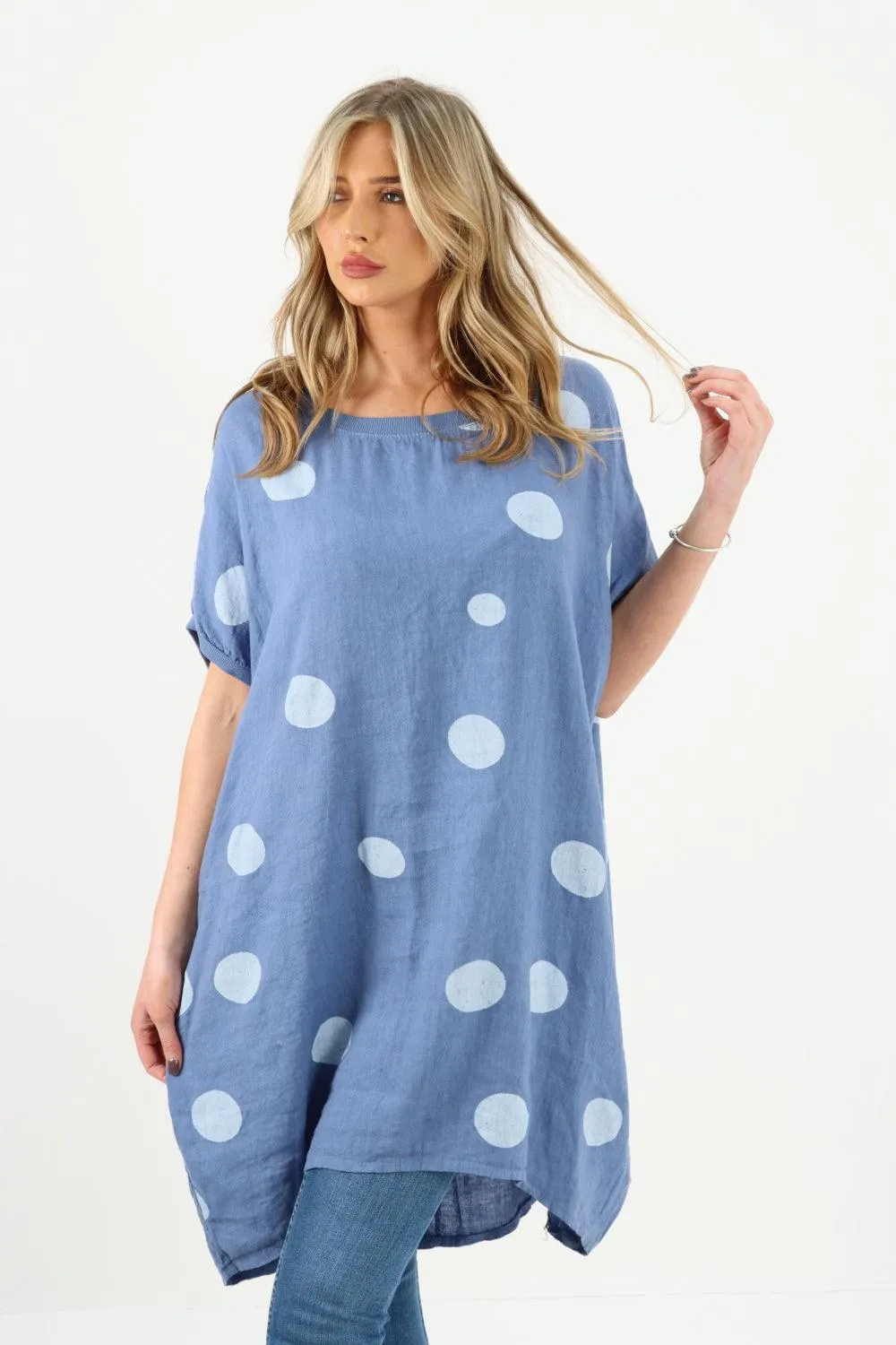 Made In Italy Linen Polka Dot Tunic Top