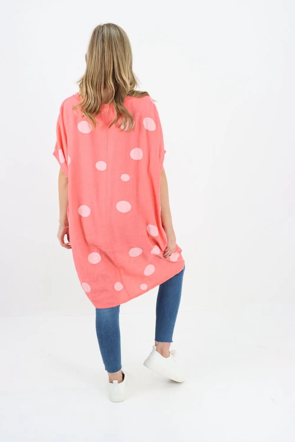 Made In Italy Linen Polka Dot Tunic Top