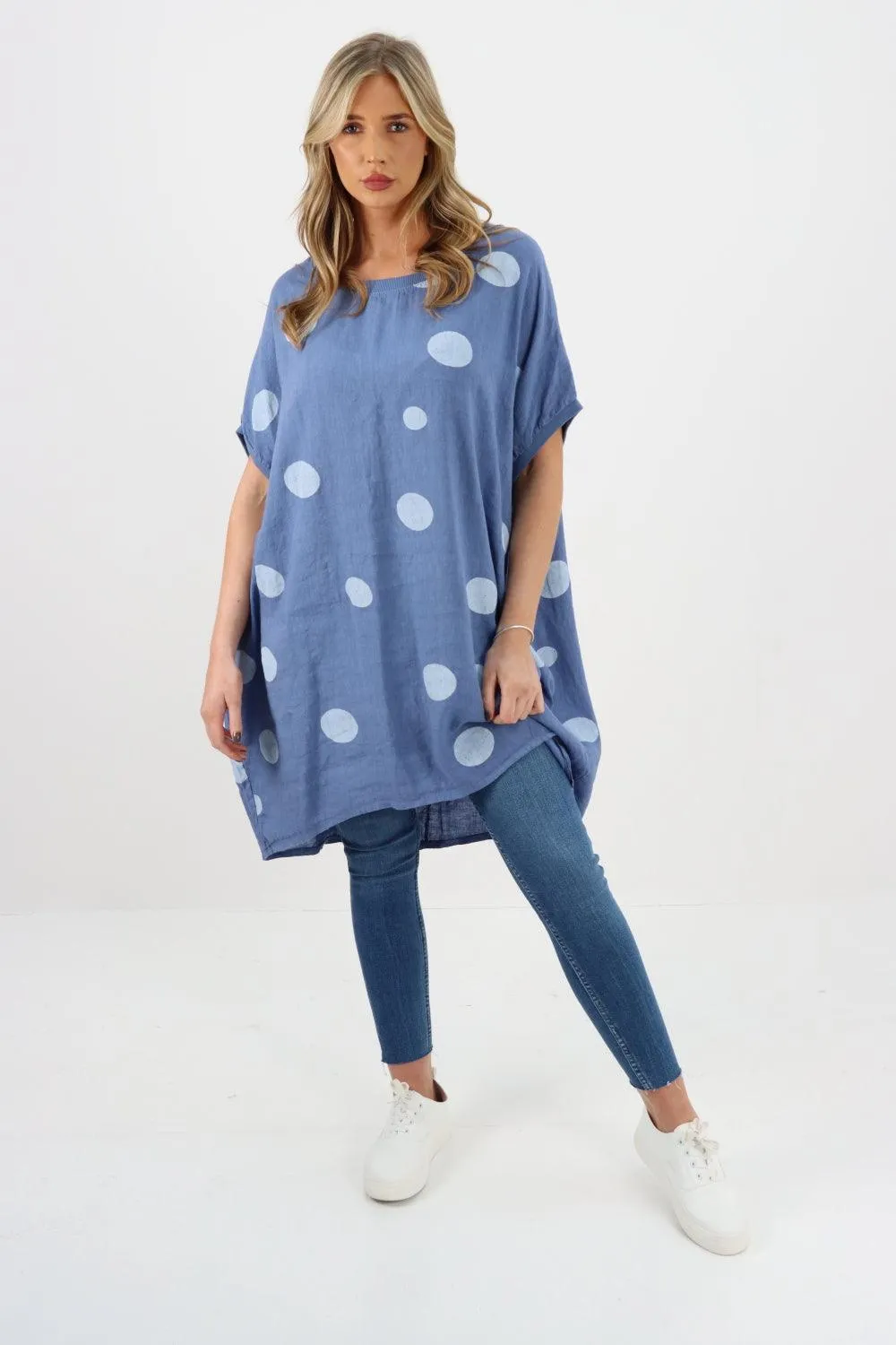 Made In Italy Linen Polka Dot Tunic Top