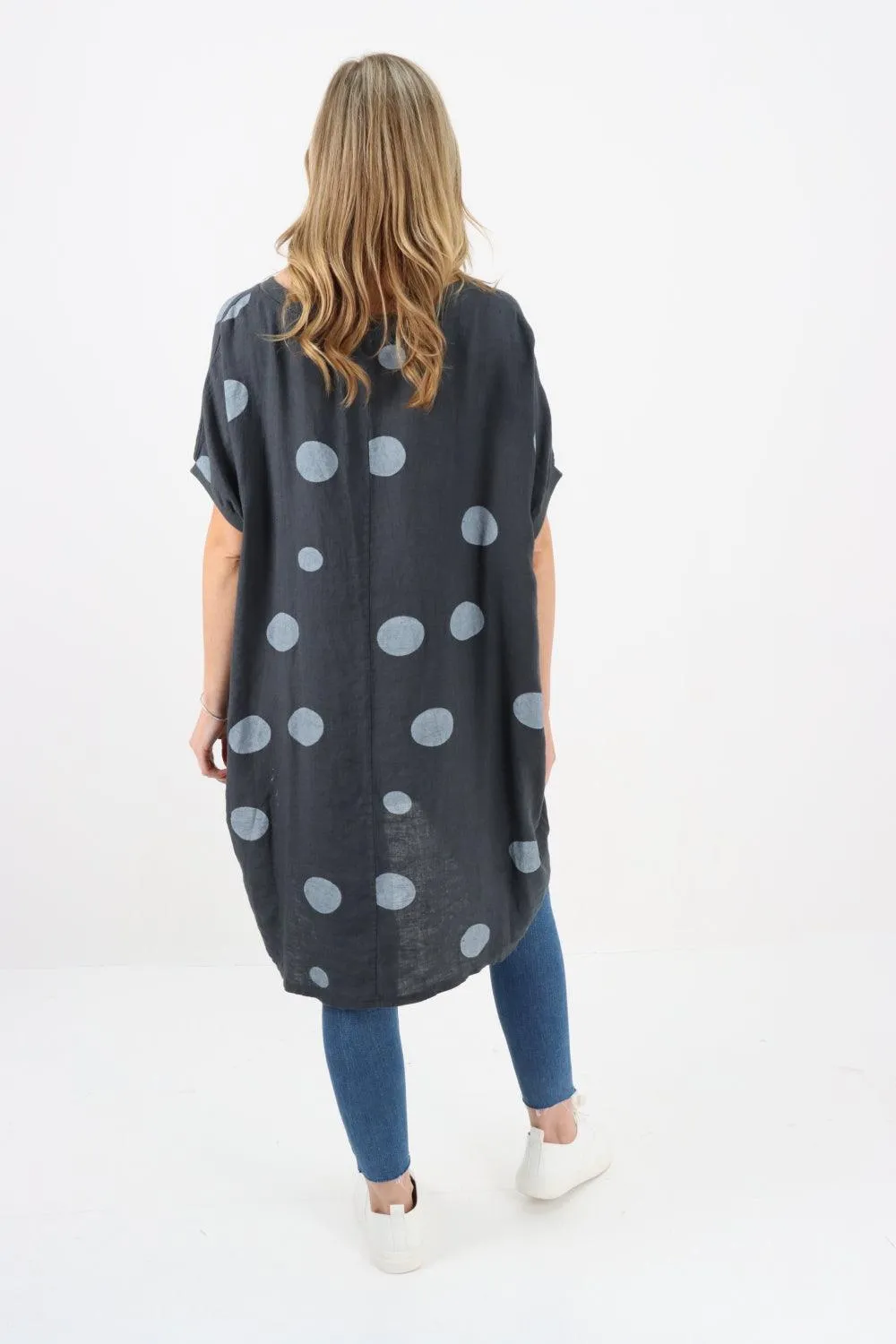 Made In Italy Linen Polka Dot Tunic Top