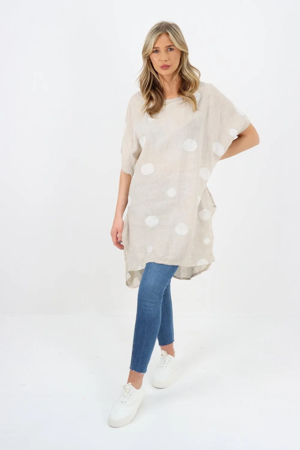 Made In Italy Linen Polka Dot Tunic Top