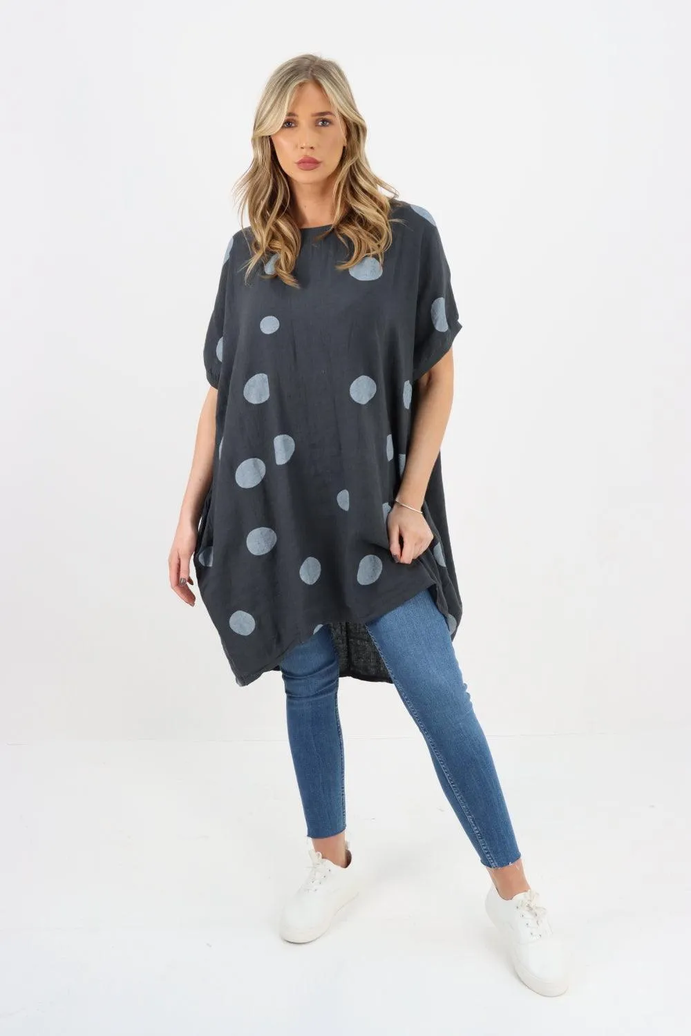 Made In Italy Linen Polka Dot Tunic Top