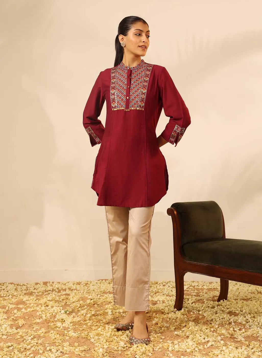 Maroon Collared Tunic with Intricate Embroidery and Bell Sleeves