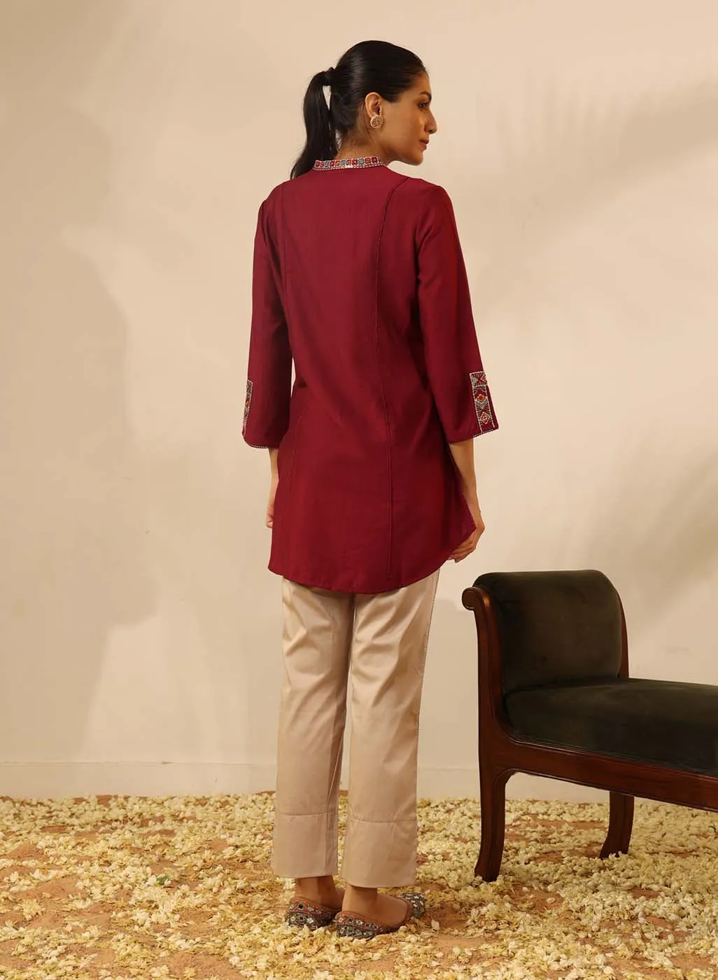 Maroon Collared Tunic with Intricate Embroidery and Bell Sleeves