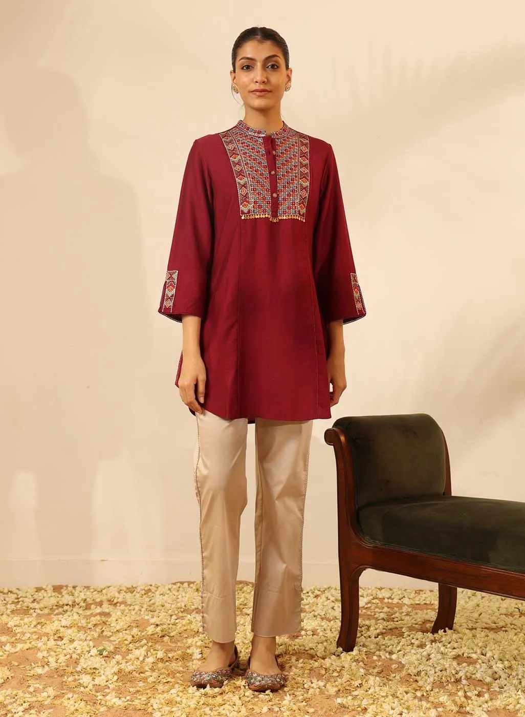 Maroon Collared Tunic with Intricate Embroidery and Bell Sleeves