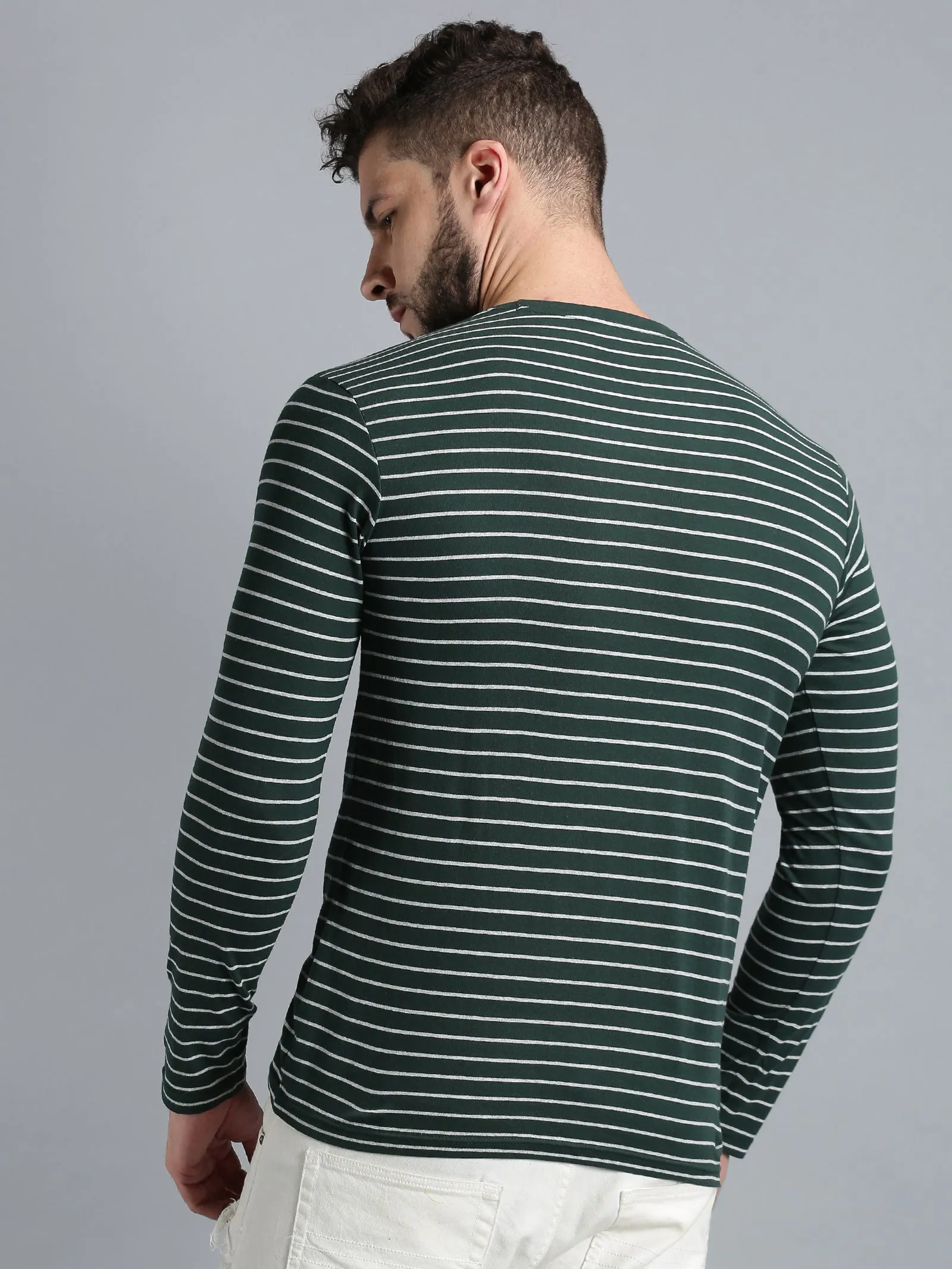 Men Dark Green Yarn Dyed Stripes Round Neck Recycled Cotton Full Sleeve Regular Fit Casual T-Shirt