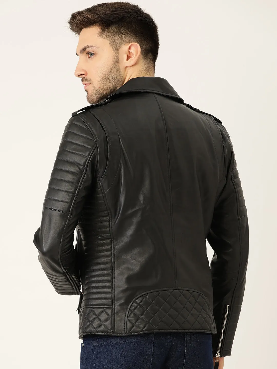 Men Solid Black Biker Leather Jacket