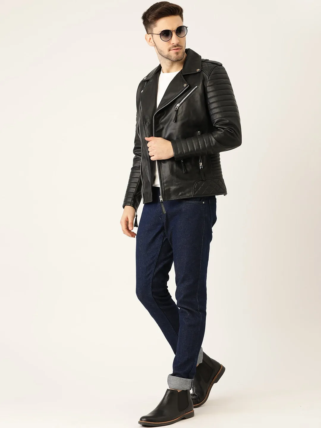 Men Solid Black Biker Leather Jacket