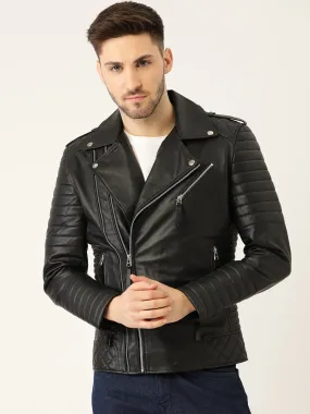 Men Solid Black Biker Leather Jacket