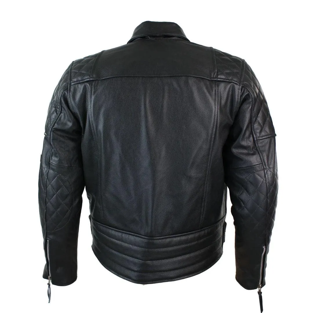 Mens Cross Zip Biker Jacket CE Armour Motorcycle Protective Real Hide Leather