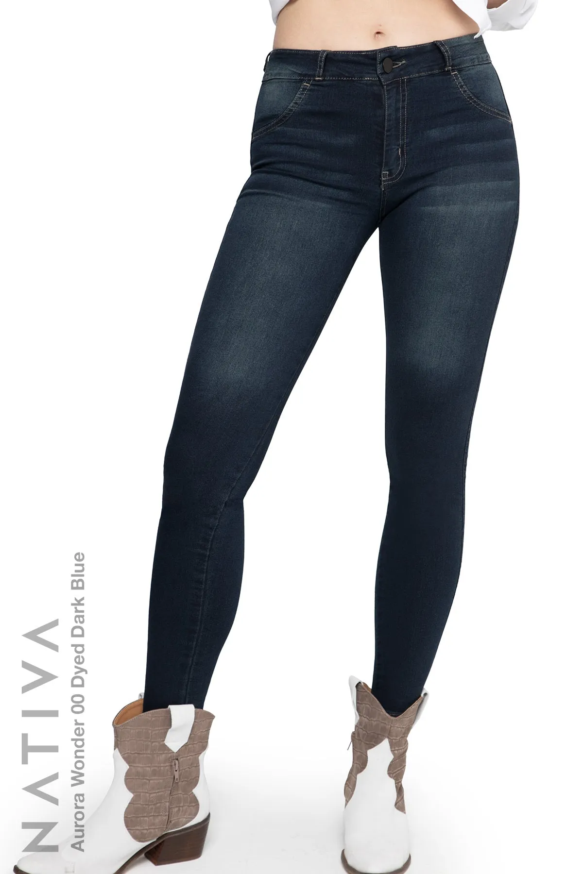 NATIVA, STRETCH JEANS. AURORA WONDER 00 DYED DARK BLUE, High Shaping Capacity & Firming, Casual Everyday Look, Mid-Waisted Super Skinny Jeans