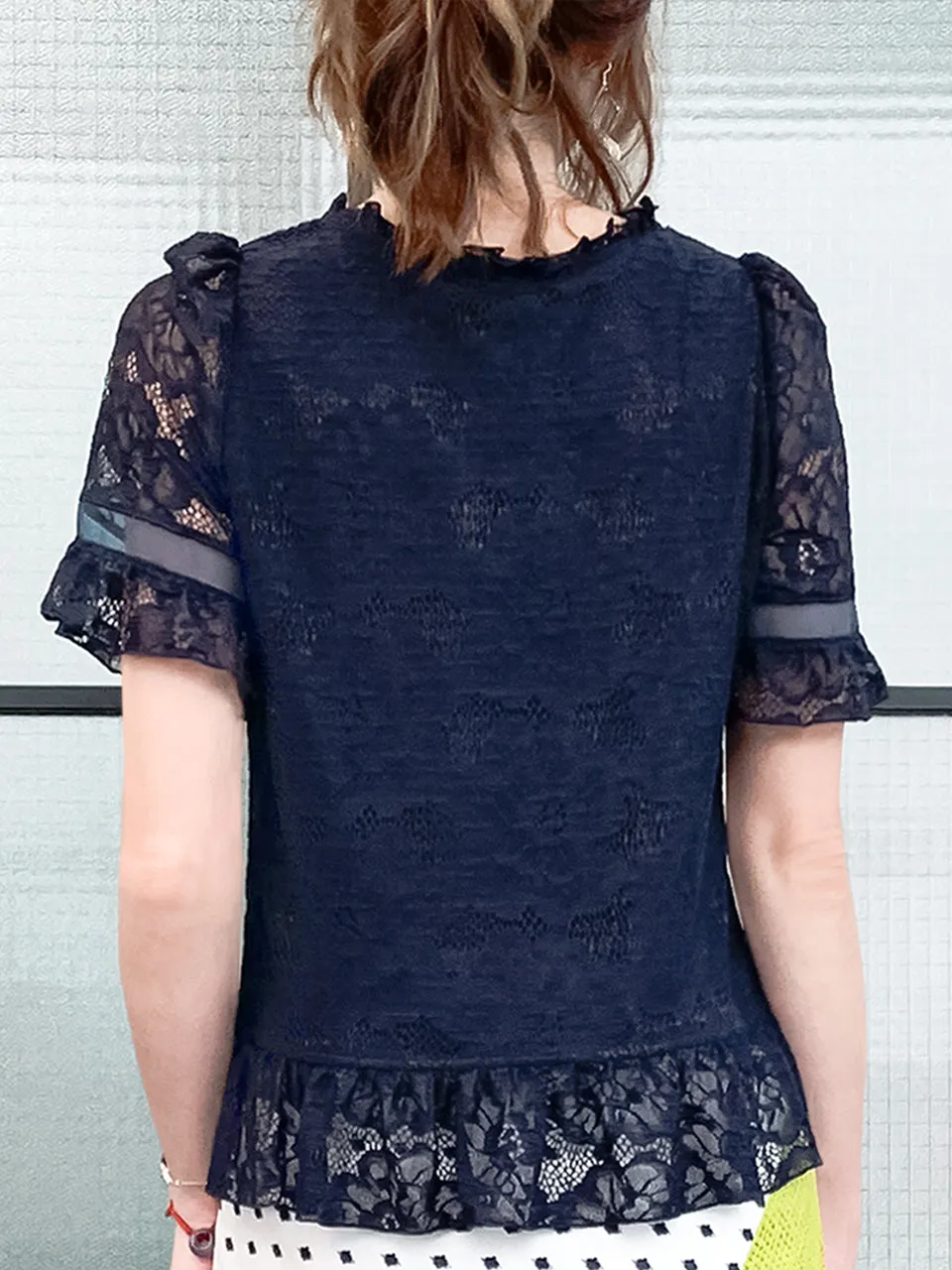 Navy Fanciful Floral Lace Ruffle Peplum Blouse