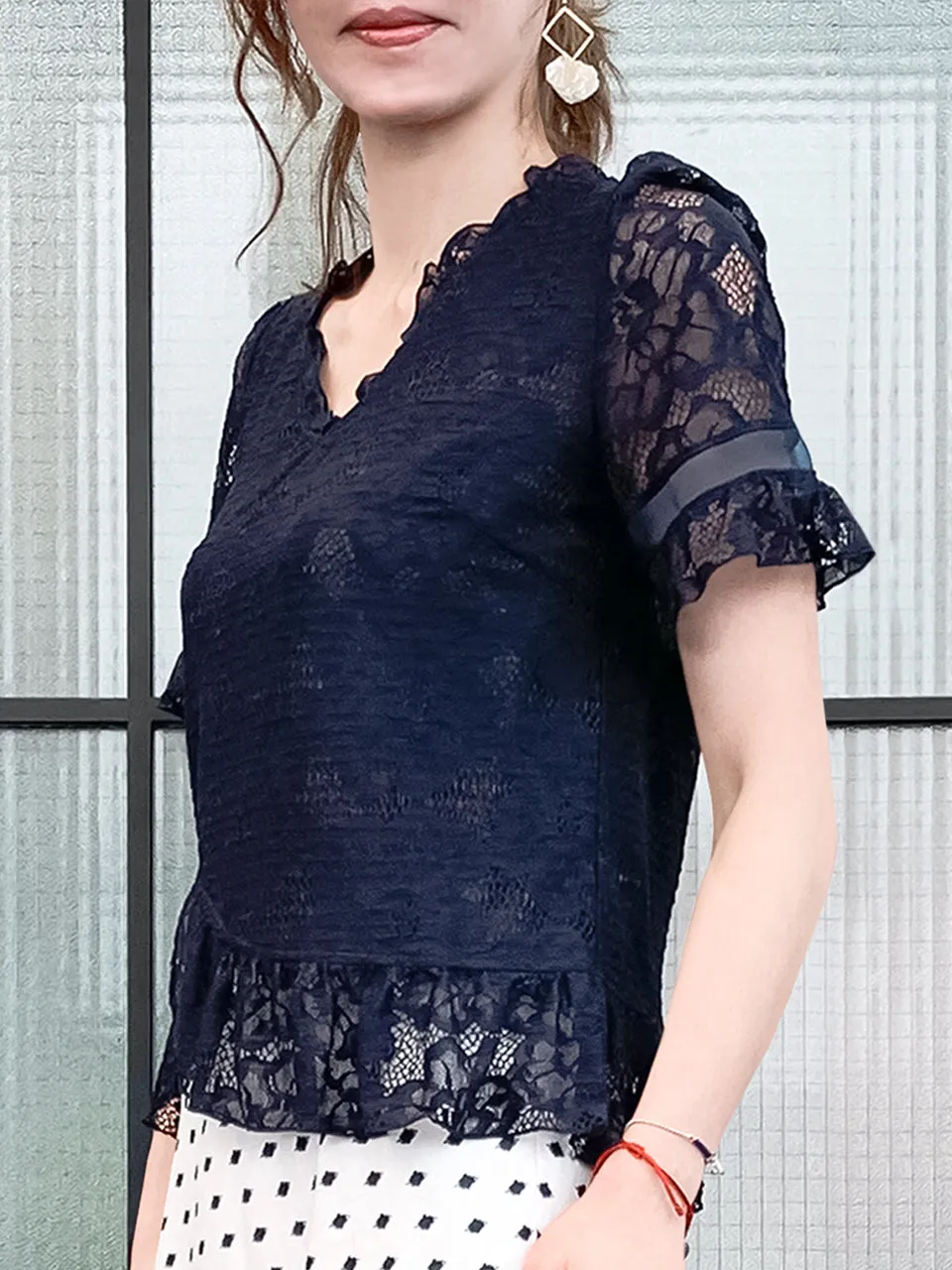 Navy Fanciful Floral Lace Ruffle Peplum Blouse