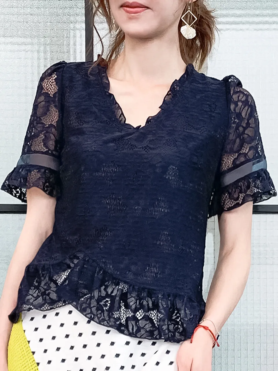 Navy Fanciful Floral Lace Ruffle Peplum Blouse