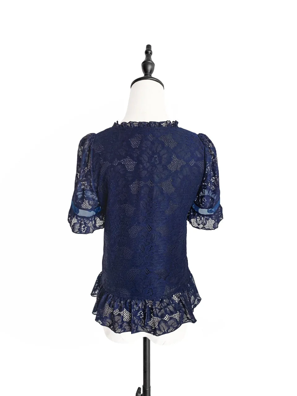 Navy Fanciful Floral Lace Ruffle Peplum Blouse