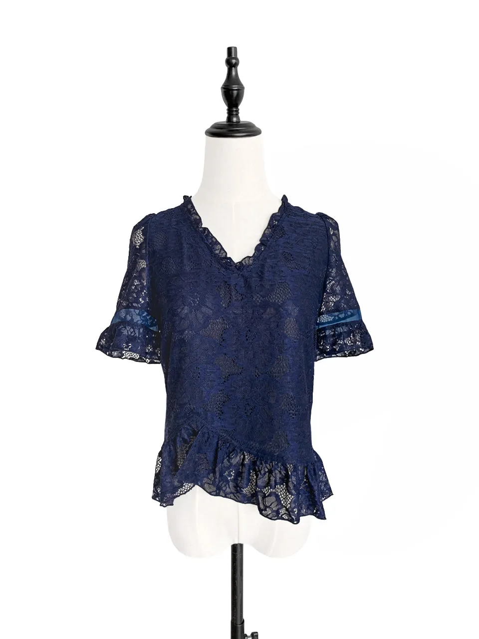 Navy Fanciful Floral Lace Ruffle Peplum Blouse