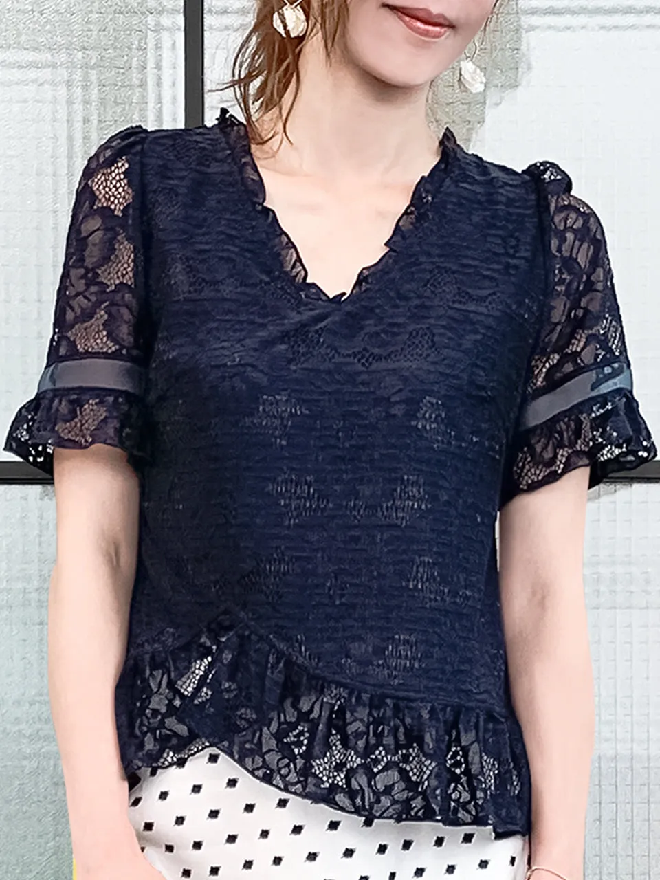 Navy Fanciful Floral Lace Ruffle Peplum Blouse