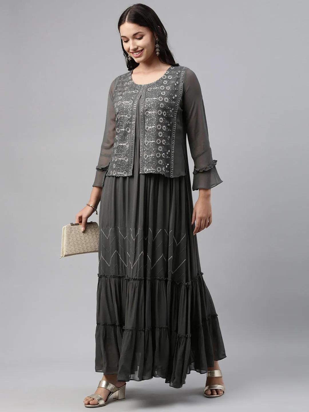 Neeru's Grey Color Georgette Fabric Tunic