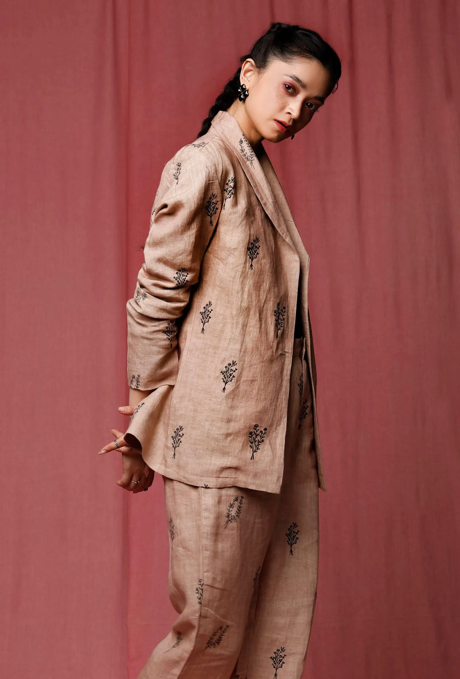 Pastel Brown Handblock Printed Linen Overcoat