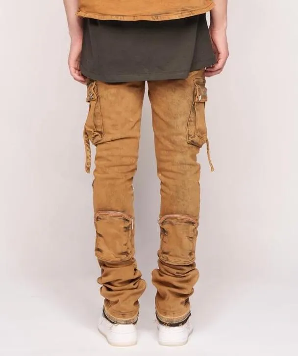 Pheelings NEVER LOOK BACK CARGO FLARE STACK DENIM (DARK RUST KHAKI)