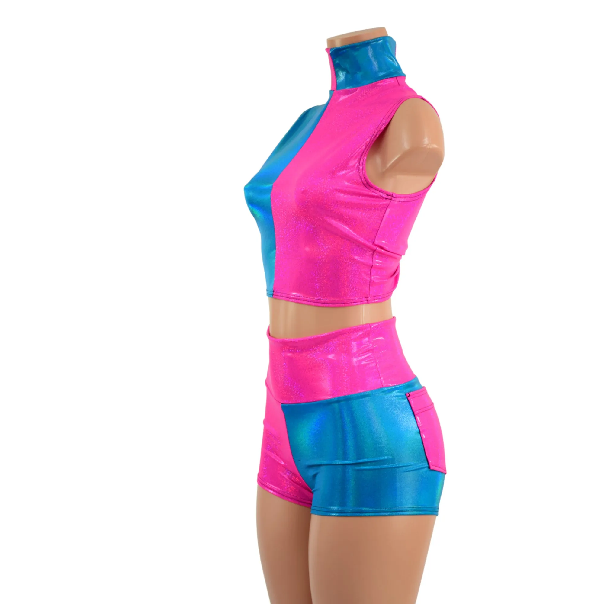 Pink and Blue Color Blocked Crop Top and Pocket Shorts