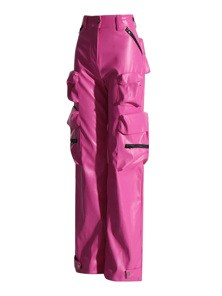 Pink High Waist PU Leather Spliced Cargo Pants