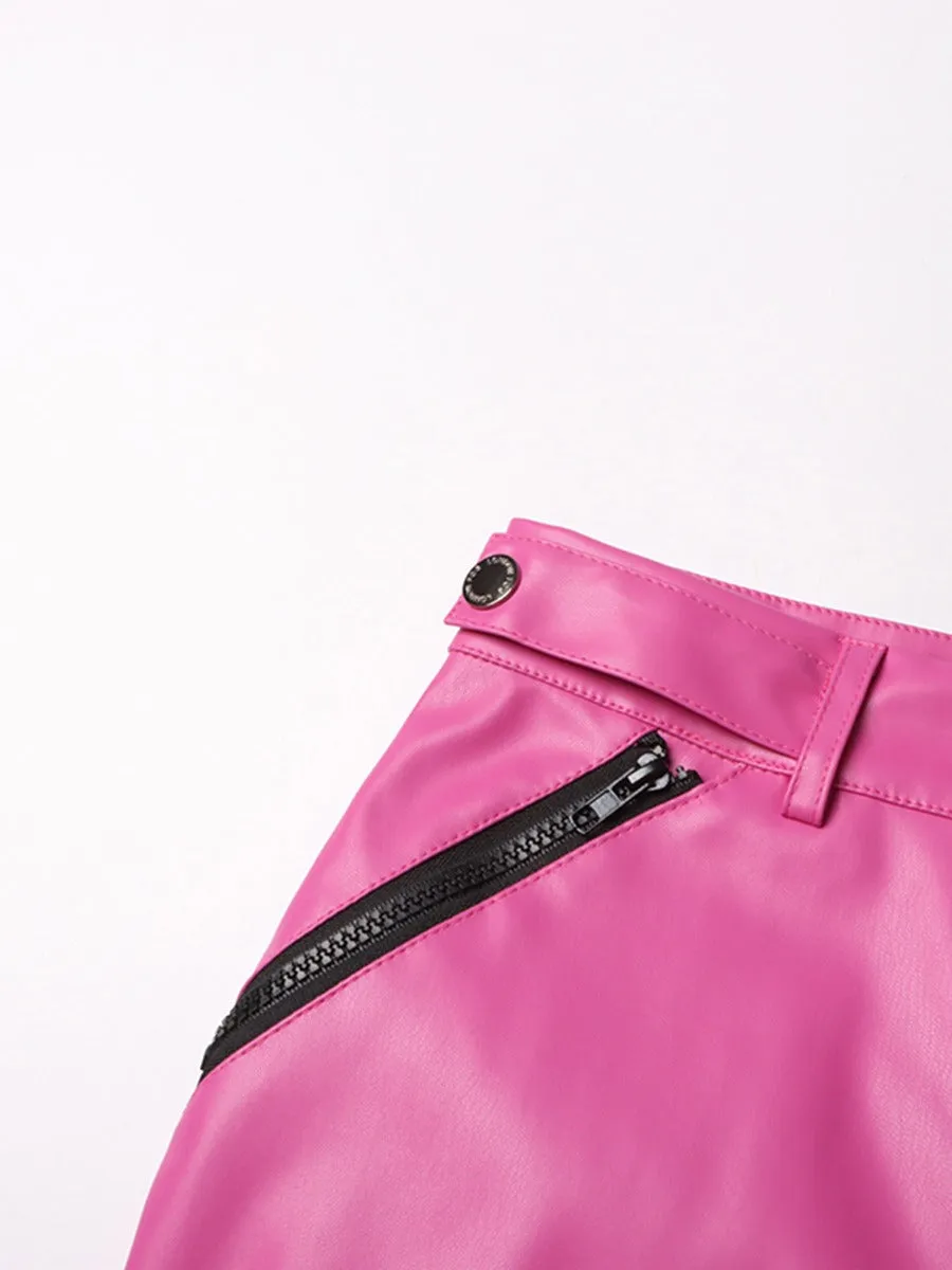 Pink High Waist PU Leather Spliced Cargo Pants