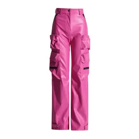 Pink High Waist PU Leather Spliced Cargo Pants