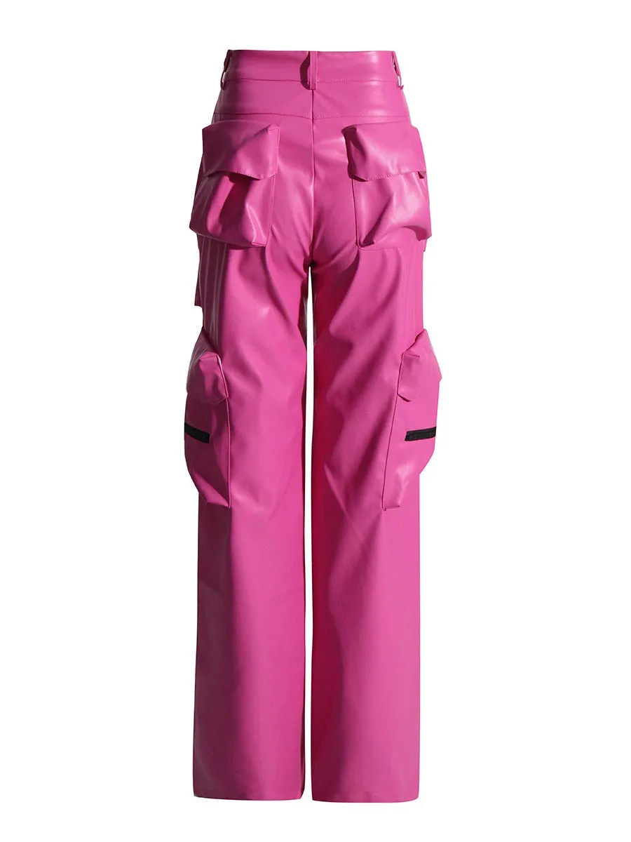 Pink High Waist PU Leather Spliced Cargo Pants