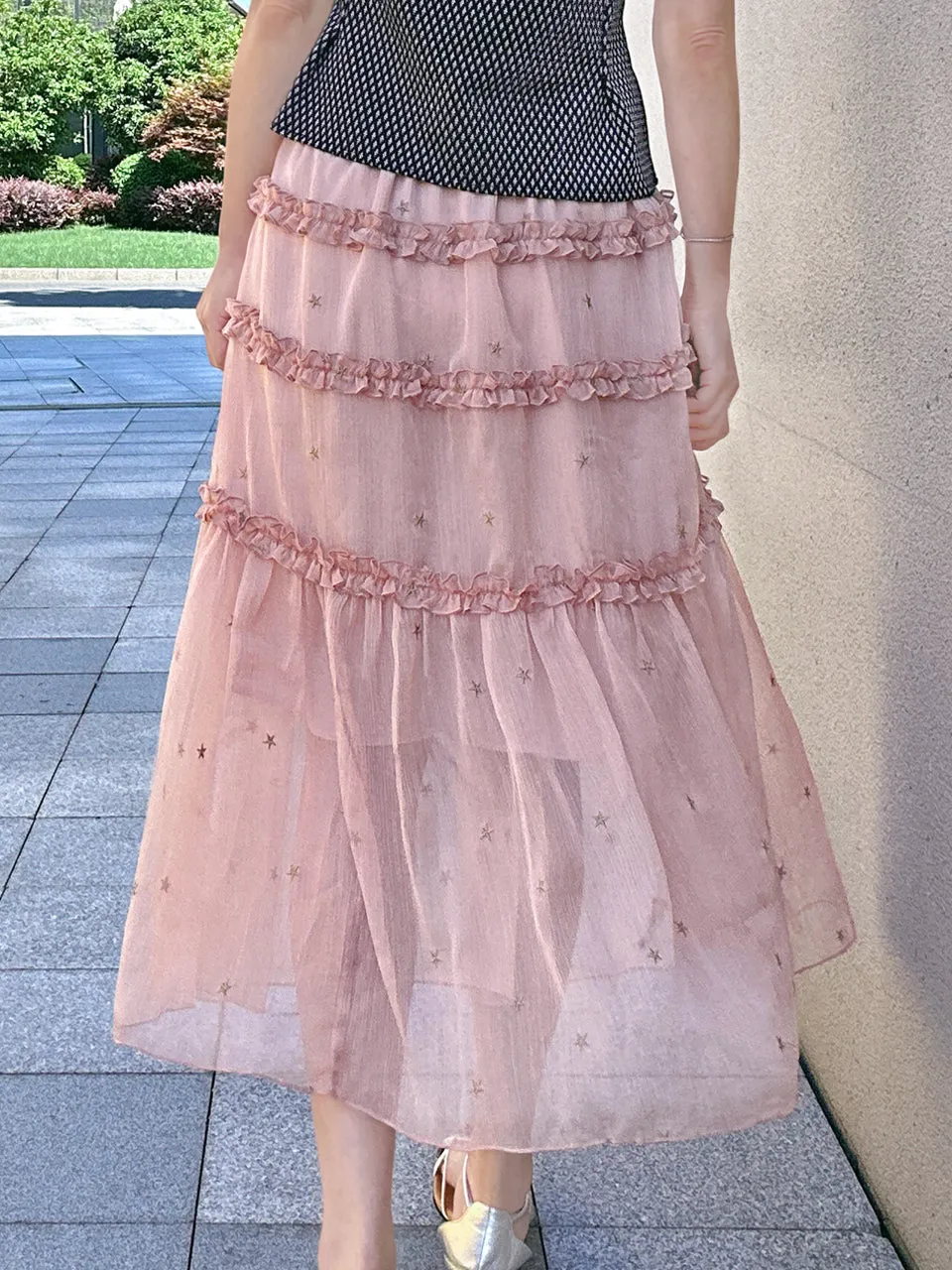 Pink Stars Ruffle Tiers Chiffon Airy Maxi Skirt