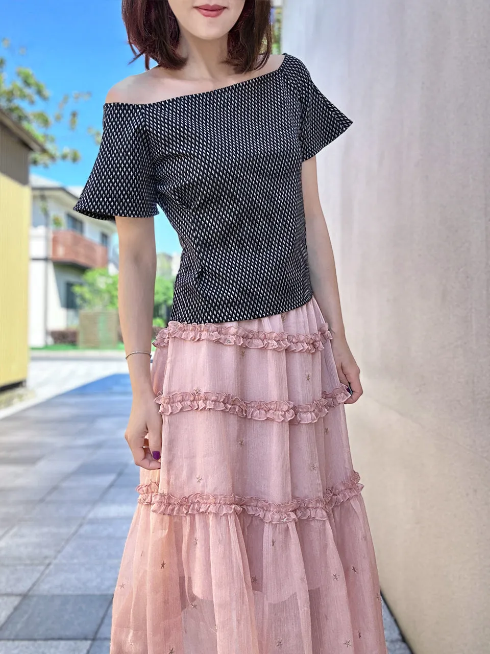 Pink Stars Ruffle Tiers Chiffon Airy Maxi Skirt