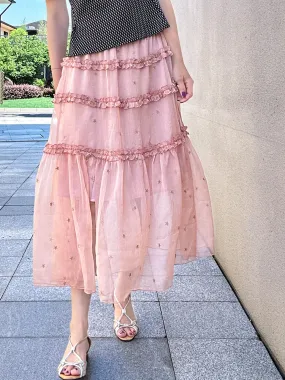 Pink Stars Ruffle Tiers Chiffon Airy Maxi Skirt