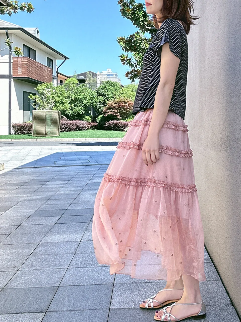 Pink Stars Ruffle Tiers Chiffon Airy Maxi Skirt