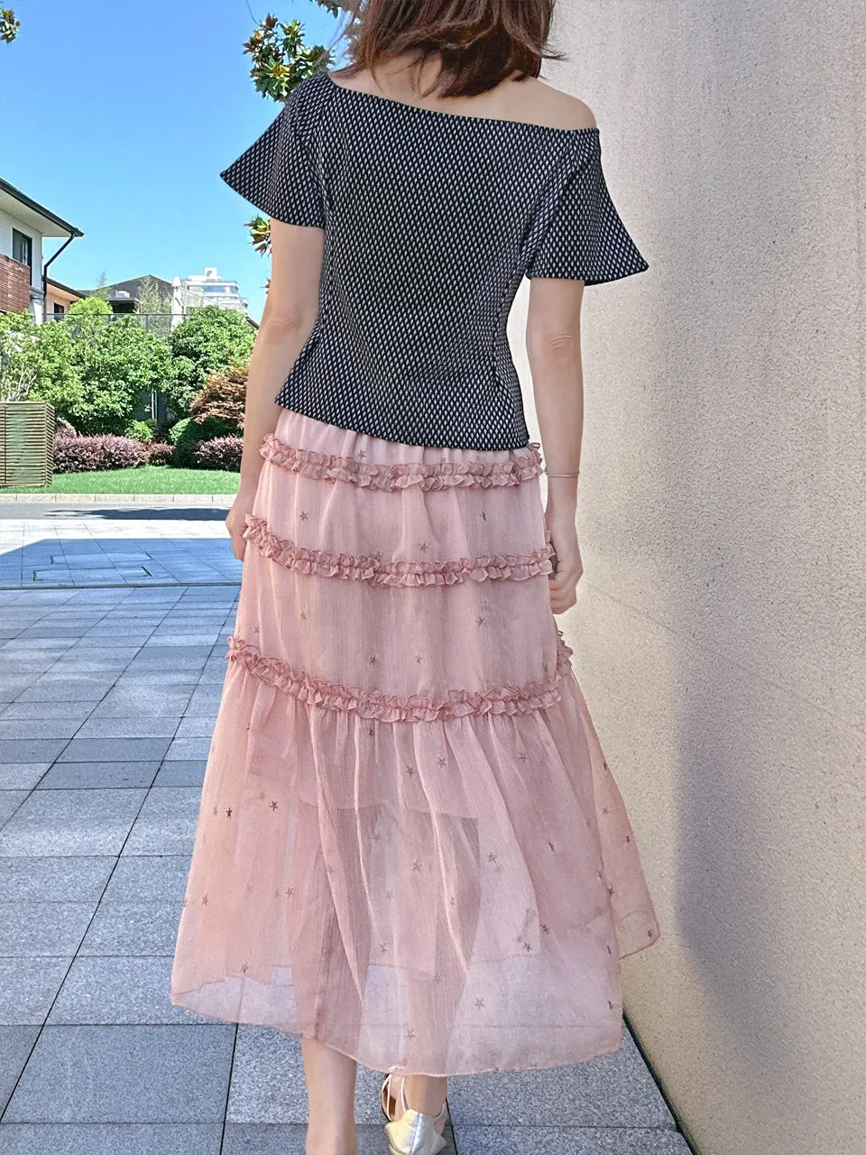 Pink Stars Ruffle Tiers Chiffon Airy Maxi Skirt