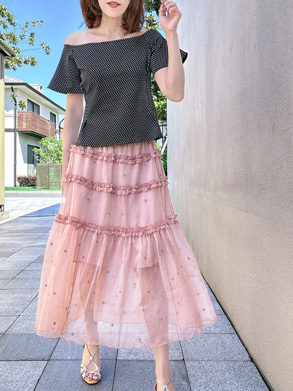 Pink Stars Ruffle Tiers Chiffon Airy Maxi Skirt