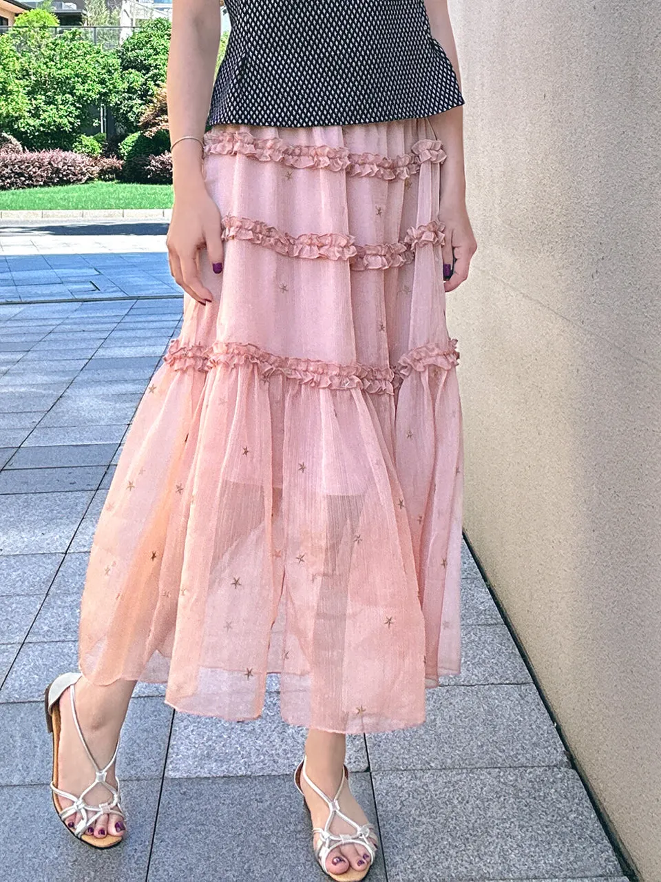 Pink Stars Ruffle Tiers Chiffon Airy Maxi Skirt