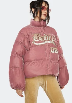 Pink Velour Varsity Puffer Jacket