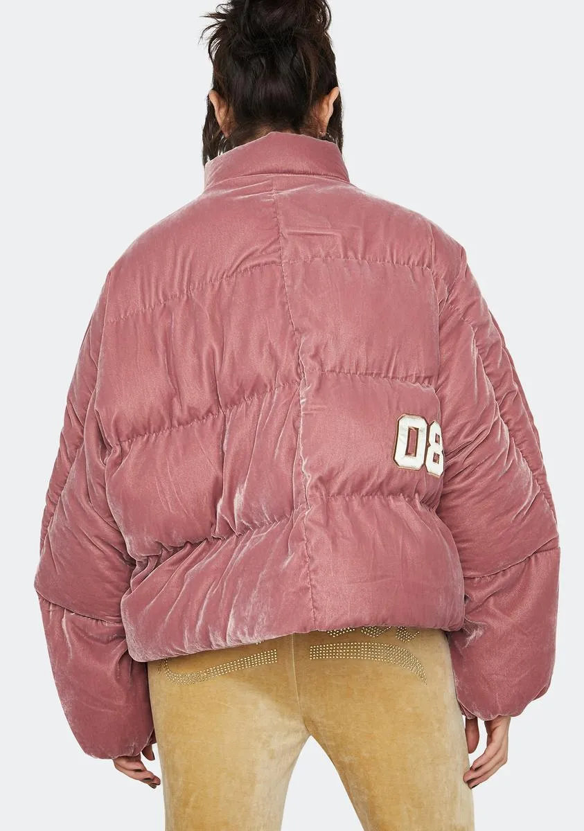 Pink Velour Varsity Puffer Jacket