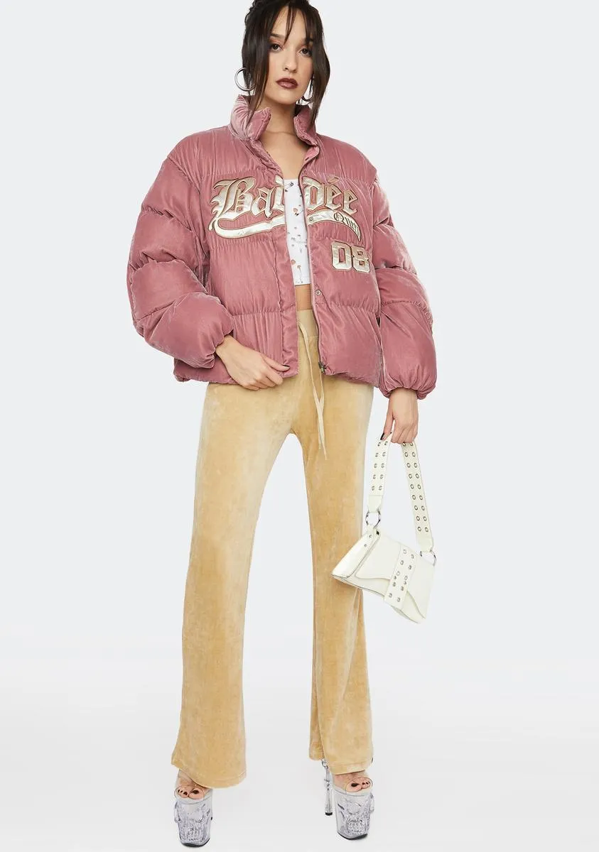 Pink Velour Varsity Puffer Jacket