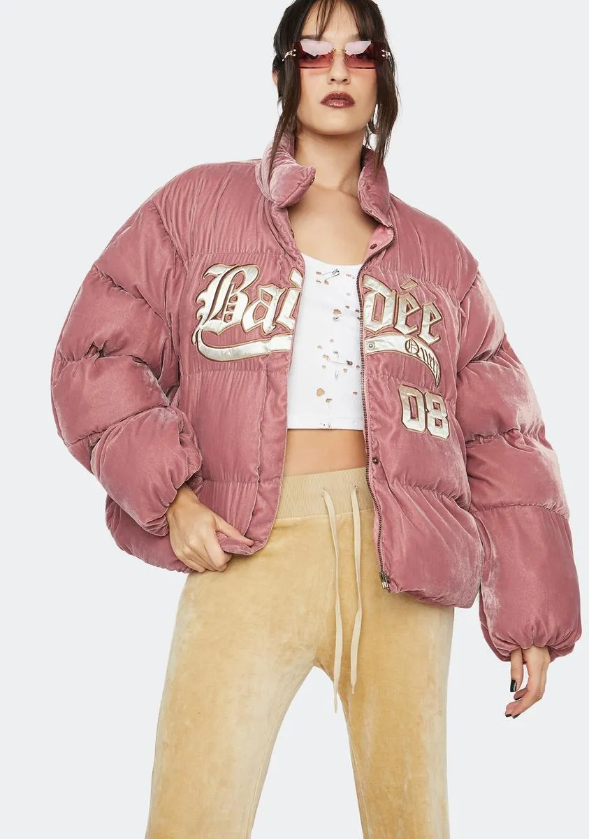 Pink Velour Varsity Puffer Jacket