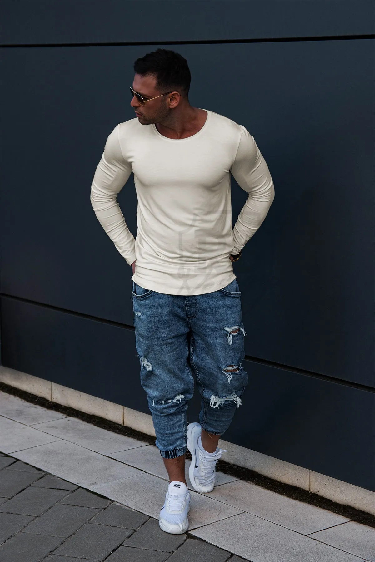 Plain Cream Scoop Neck Long Sleeve Shirt