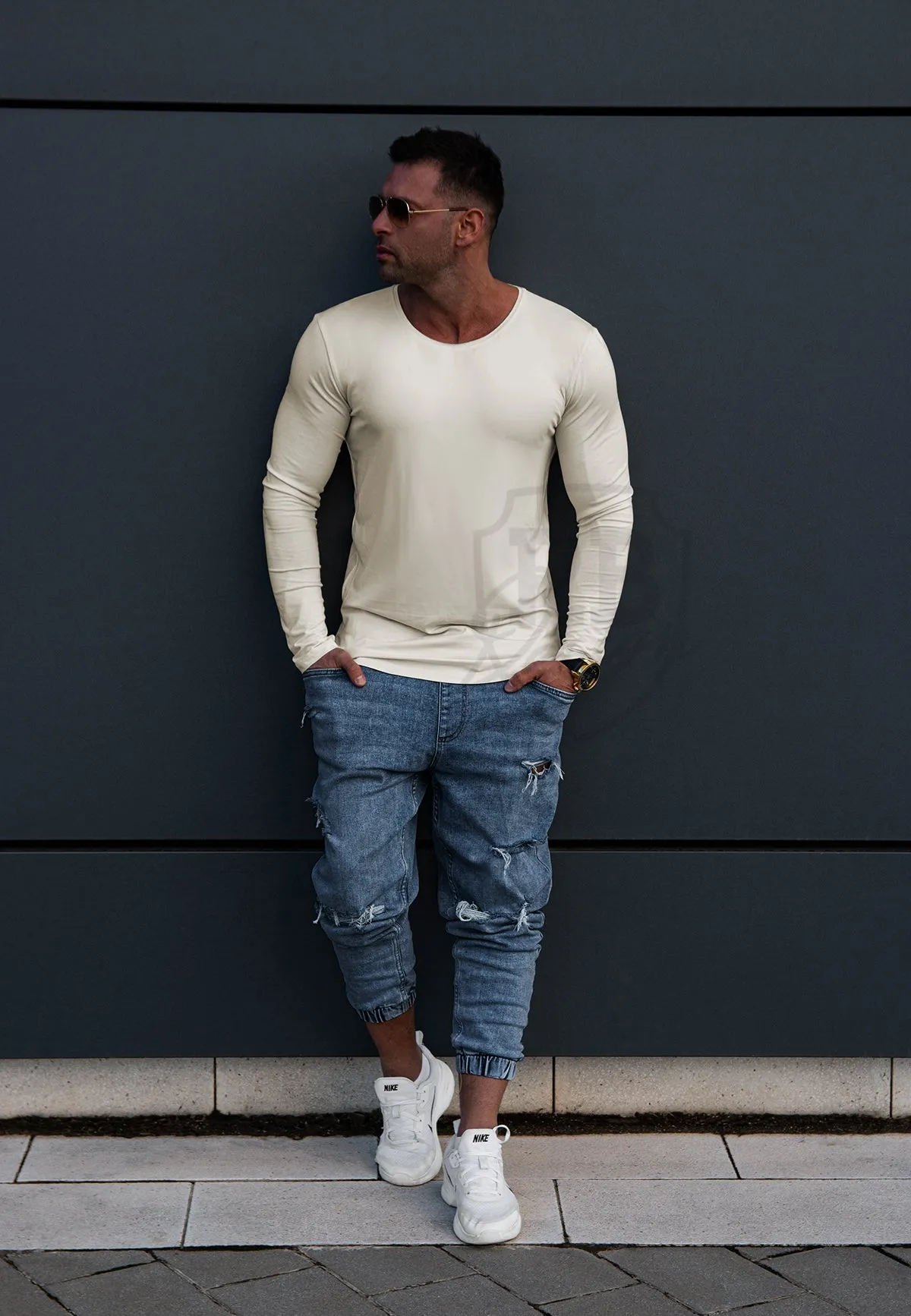 Plain Cream Scoop Neck Long Sleeve Shirt