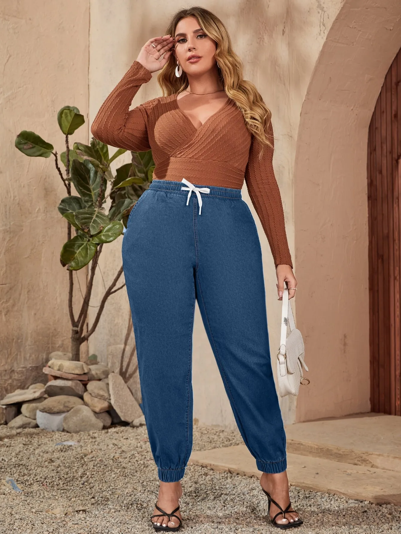 Plain Drawstring High Waist Long Plus Size Jeans