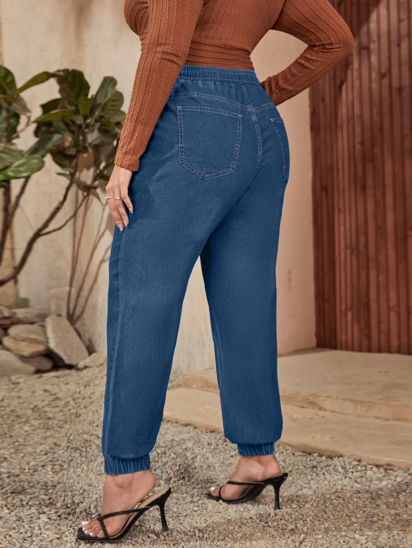 Plain Drawstring High Waist Long Plus Size Jeans