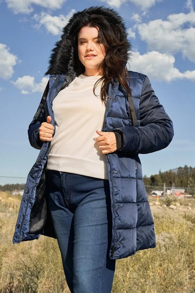 Plus Size Long Fitted Vegan Fur Hood Winter Puffer Jacket