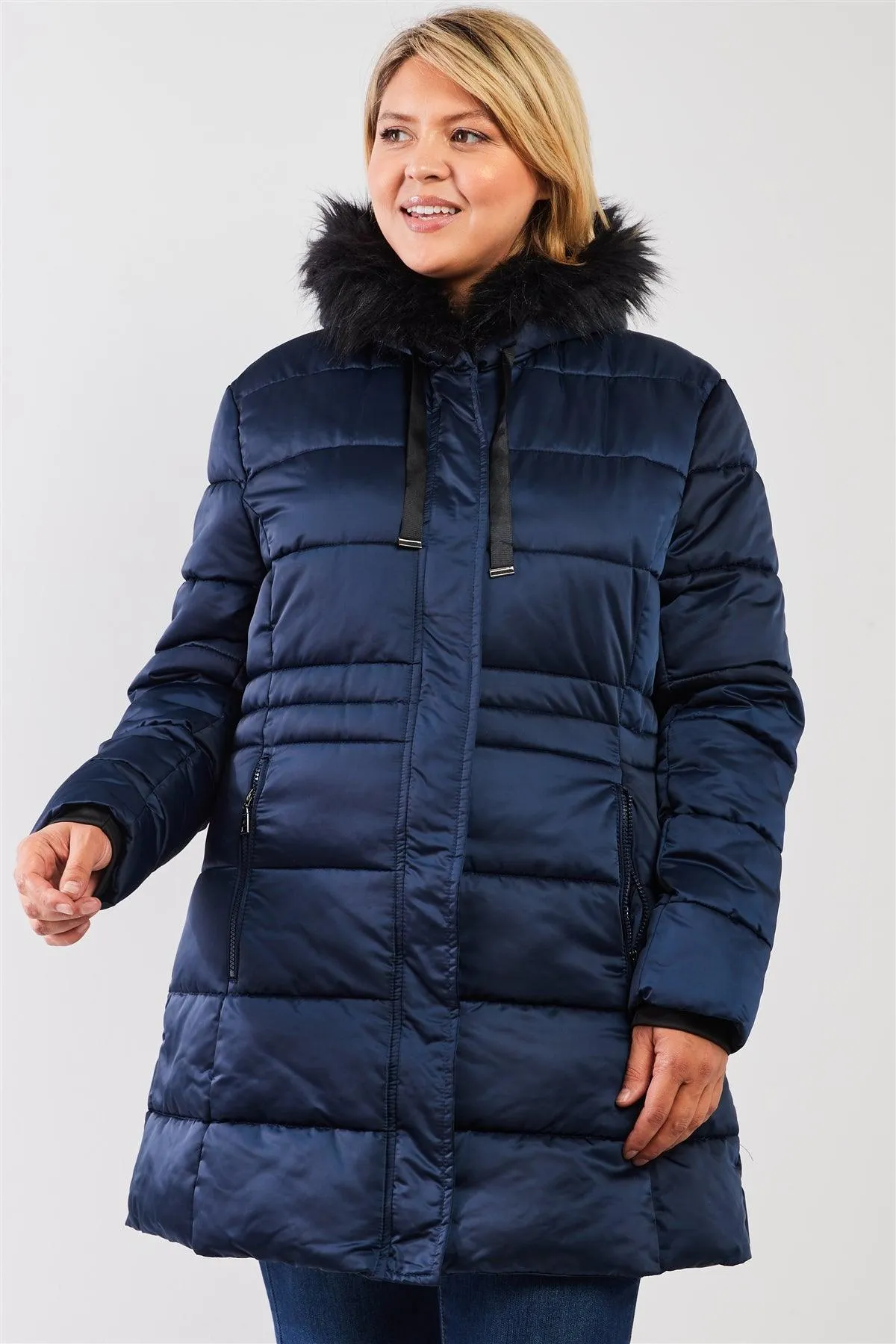 Plus Size Long Fitted Vegan Fur Hood Winter Puffer Jacket