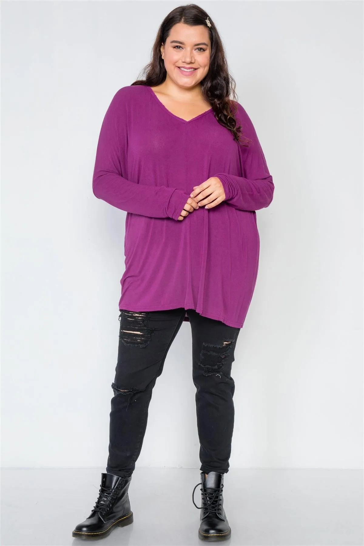 Plus Size Magenta Oversized Long Sleeve Tunic Top