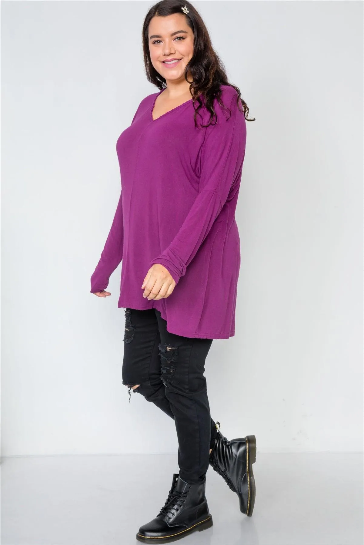 Plus Size Magenta Oversized Long Sleeve Tunic Top